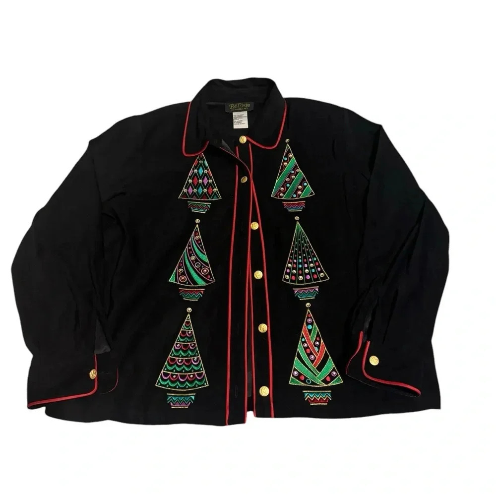 🎄 Vintage Bob Mackie Wearable Art Velvet Blouse Christmas Trees L‎ 🎄
